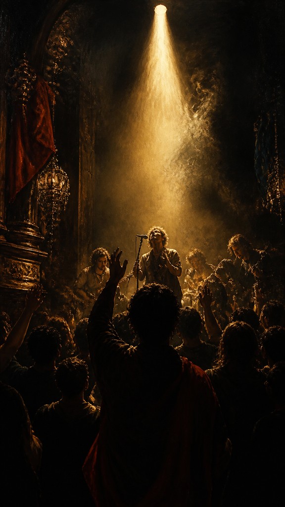 a live music scene with a glowing stage and silhouetted crowd, energetic vertical composition with open space at the top, no text