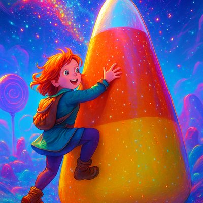 A vibrant, dynamic scene featuring a young red-haired girl, perhaps in whimsical, adventurer-style clothing, bravely climbing a colossal, mountain-sized candy corn. The candy corn itself is detailed with its classic white, orange, and yellow segments, towering majestically into a bright, fantastical sky. Pixie stick dust, shimmering and multi-colored, rains down around her like a magical, sugary snowfall, catching the light. The girl has a determined and joyful expression. The background features other fantastical candy landscape elements, perhaps giant lollipops or gummy bear forests in the distance, but the focus is on the girl and the immense candy corn."