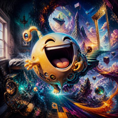 an exaggerated laughing face of an original round mascot character, bold and readable at small size, plain background, no text