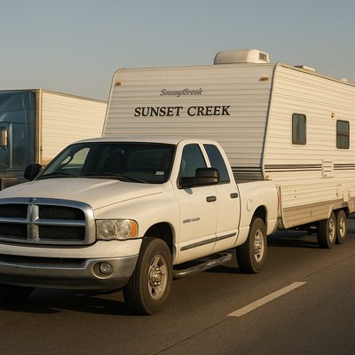 Generate a realistic, eye-level photograph of a white 2002 Dodge Ram 2500 pickup truck, specifically a quad cab model, pulling a 33-foot Sunnybrook Sunset Creek travel trailer. The trailer must have distinct, painted aluminum siding. The entire rig is situated in the middle of heavy, slow-moving traffic on Interstate 40 (I-40) in Amarillo, Texas, with other cars and semi-trucks visible all around. The time of day is late afternoon, with the sun casting long shadows, and the sky is clear, typical of the Texas Panhandle. The focus is on the truck and trailer, showing the details of both vehicles amidst the bustling highway environment.