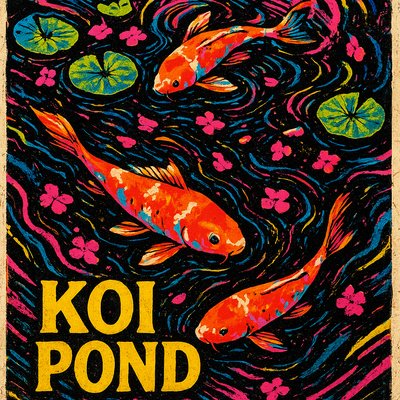 A koi pond seen from above, orange and white koi fish swimming among lily pads, clear water with subtle ripples, fallen cherry blossom petals floating on the surface, dappled sunlight