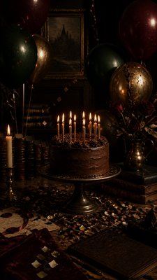 a birthday cake with lit candles surrounded by balloons and confetti, festive vertical composition, no text