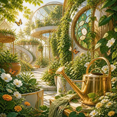 a garden scene with butterflies, flowers and a watering can, clean uncolored line art, no text