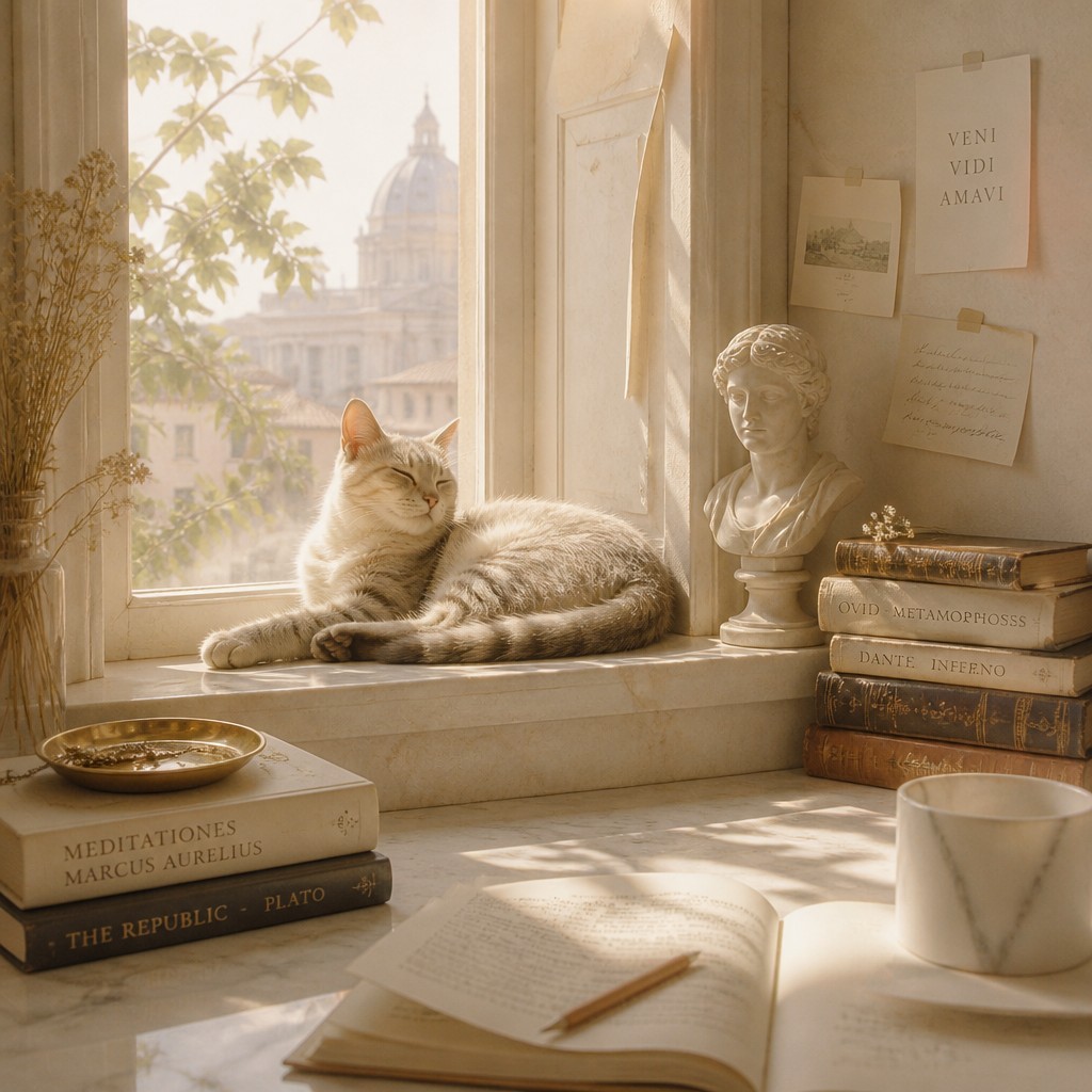 a cat lounging in a sunlit window — Light Academia Aesthetic