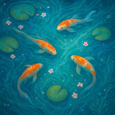 A koi pond seen from above, orange and white koi fish swimming among lily pads, clear water with subtle ripples, fallen cherry blossom petals floating on the surface, dappled sunlight