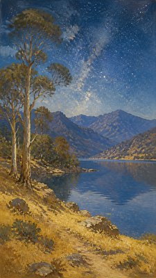 a tranquil mountain lake beneath a starry night sky, no people, no text