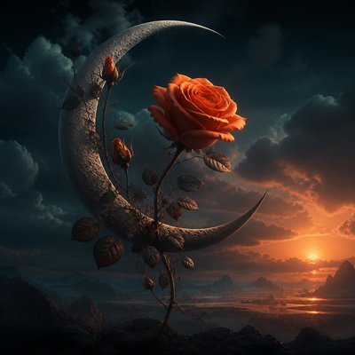 a rose entwined with a crescent moon, clean balanced composition on a plain background, no text