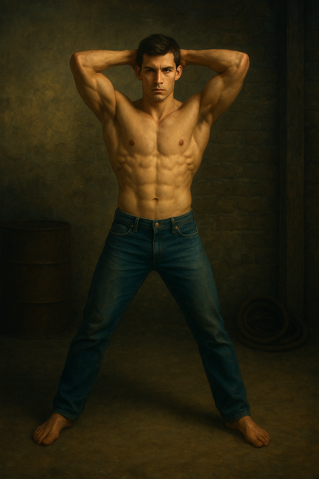 a man posing for a picture with his shirt off