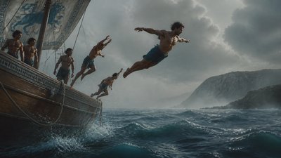 ancient greek athletes jumping from ship into the sea