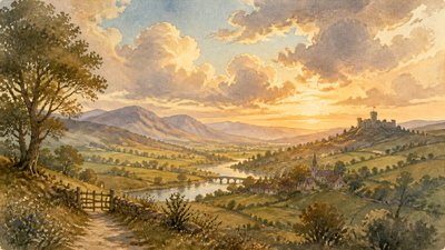 sweeping panoramic landscape with a dramatic sky