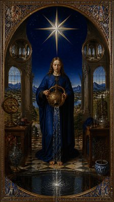 a robed figure pouring water beneath a large eight-pointed star in a night sky, symmetrical composition with an ornate decorative border, no text