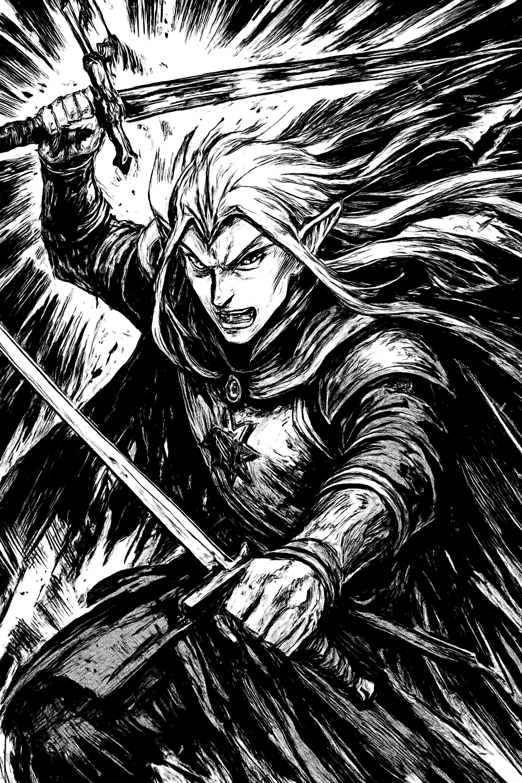 a black and white drawing of a woman holding a sword