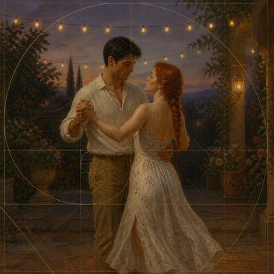 an original couple dancing under string lights in a garden at dusk: a man with short black hair in a linen shirt and a woman with braided red hair in a summer dress