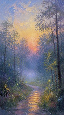 a mysterious forest path with fireflies and drifting mist, atmospheric vertical composition with open space at the top, no text