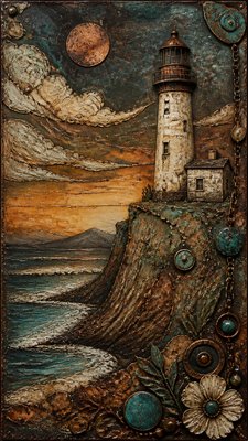 a lone lighthouse on a cliff at dusk under a dramatic sky, no text or lettering