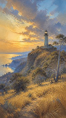 a lone lighthouse on a cliff at dusk under a dramatic sky, no text or lettering