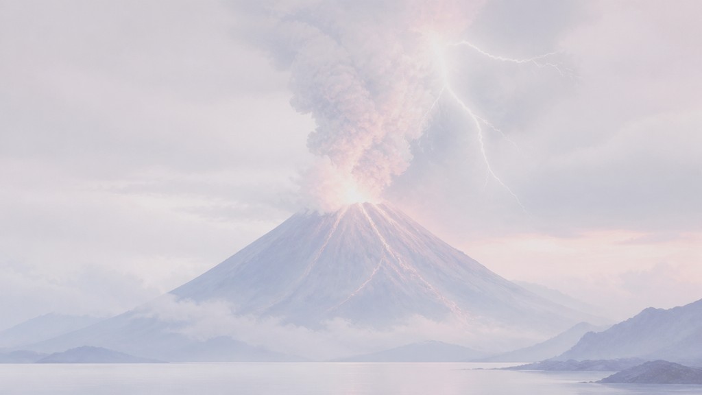 an erupting volcano with lightning strikes, dramatic wide composition, no text