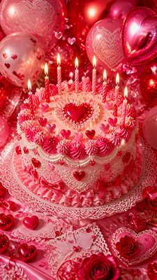 a birthday cake with lit candles surrounded by balloons and confetti, festive vertical composition, no text