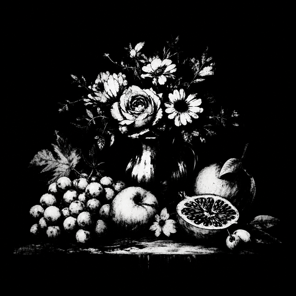 still life arrangement of fruits and flowers