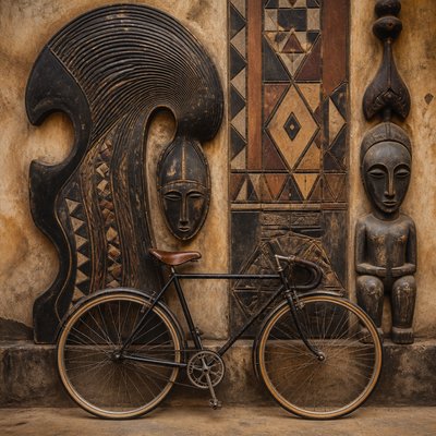 bicyle resting against a wall — Guinean Art Style