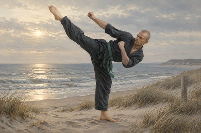 a man doing a yoga pose on the beach