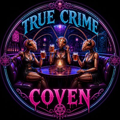 Create a logo with text "TRUE CRIME COVEN"

Have three female termites sitting in a circle shaped booth at a vintage bar. Candle in the middle. Beers in hand. 