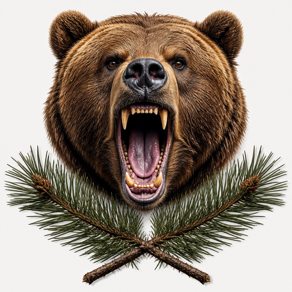 a roaring bear head above crossed pine branches, bold graphic composition on a plain background, no text