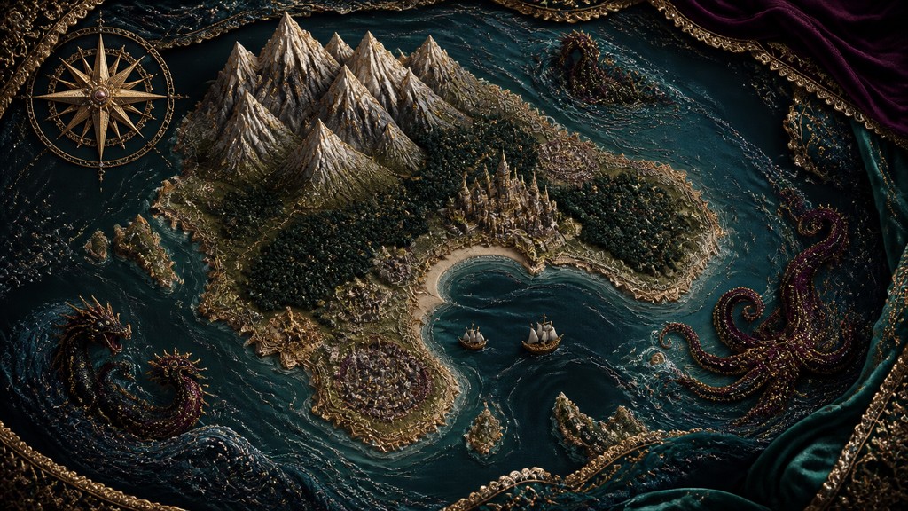 a map of an island realm with mountains, forests, a sheltered bay, sea monsters in the water and a compass rose, no text labels
