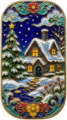 a snow-covered cottage with warm glowing windows beside a decorated pine tree, gentle snowfall, no text