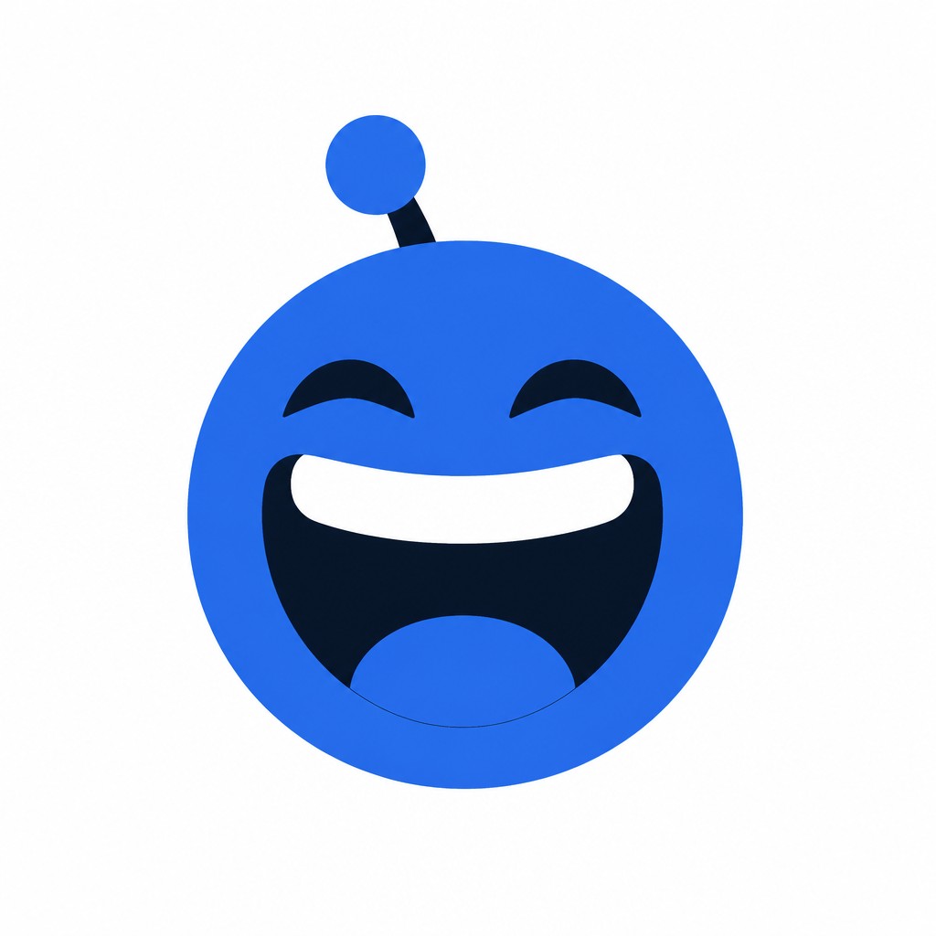 an exaggerated laughing face of an original round mascot character, bold and readable at small size, plain background, no text