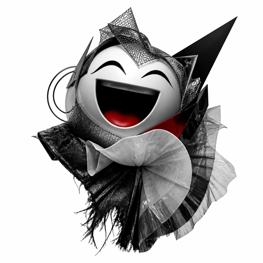 an exaggerated laughing face of an original round mascot character, bold and readable at small size, plain background, no text