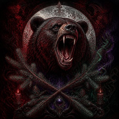 a roaring bear head above crossed pine branches, bold graphic composition on a plain background, no text