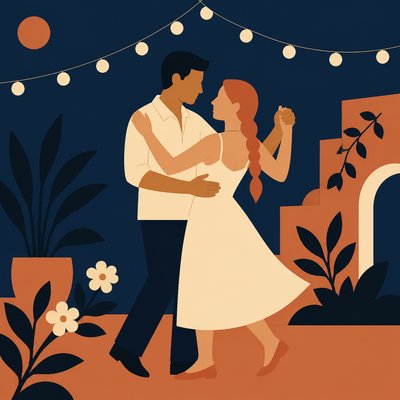 an original couple dancing under string lights in a garden at dusk: a man with short black hair in a linen shirt and a woman with braided red hair in a summer dress