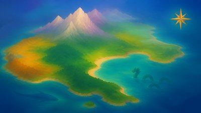 a map of an island realm with mountains, forests, a sheltered bay, sea monsters in the water and a compass rose, no text labels