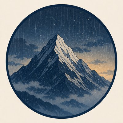 an emblem of a mountain peak inside a circle, simple bold shapes on a plain background, no text or lettering