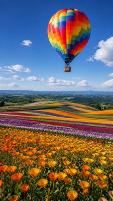 a hot air balloon drifting over rolling flower fields on a sunny day, cheerful, no text