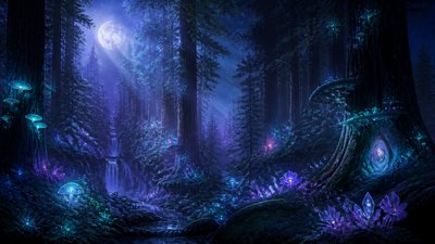 a panoramic redwood forest with light rays through mist, no people