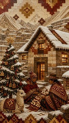 a snow-covered cottage with warm glowing windows beside a decorated pine tree, gentle snowfall, no text
