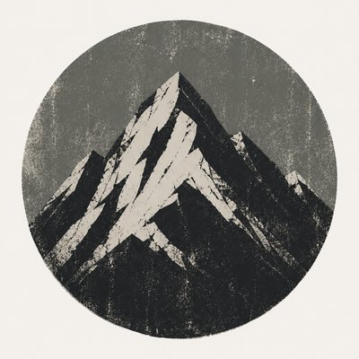an emblem of a mountain peak inside a circle, simple bold shapes on a plain background, no text or lettering
