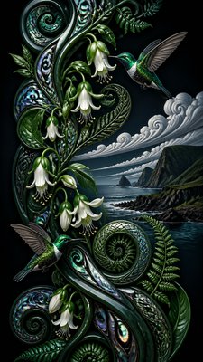 a climbing vine of flowers and hummingbirds on a dark background, tall wrapping composition, no text