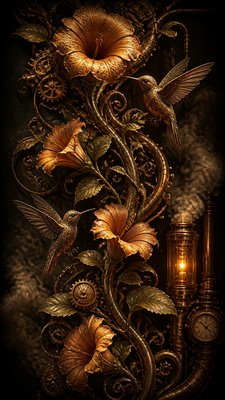 a climbing vine of flowers and hummingbirds on a dark background, tall wrapping composition, no text