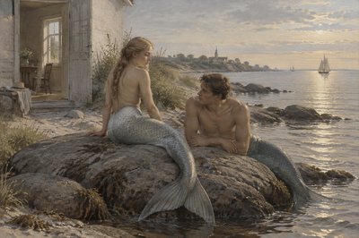 A merman and mermaid rest on a rock by the sea