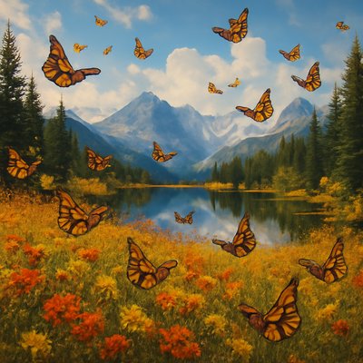 Butterflies migrating across a field of fall flowers in the Rocky Mountains