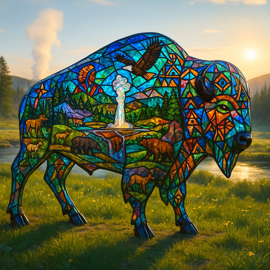     A breathtaking, full-size artistic standing buffalo, rendered entirely in the style of intricate, luminous glass art, reminiscent of the painted buffalo installations. The buffalo's majestic form is composed of countless individual pieces of vibrant, multifaceted stained glass or fused glass, meticulously cut, arranged, and joined.

    The entire surface of this glass buffalo is adorned with various miniature, finely detailed scenes and patterns etched, painted, or embedded within the glass itself, or created by the unique coloration and texture of the glass pieces. These scenes depict:

        Iconic Yellowstone landscapes: Old Faithful erupting in miniature, the Grand Canyon of the Yellowstone, geothermal pools.

        Local wildlife: Elk, bears, wolves, eagles (all rendered in the glass medium).

        Native American art motifs: Geometric patterns, symbols, and figures (also within the glass).

    The buffalo's interior is subtly illuminated, causing the entire sculpture to glow from within, acting as a beacon of art and nature. Light catches every facet of the glass, creating a dazzling play of refracted colors that project intricate patterns onto the surrounding natural environment.

    The setting is the glory of Yellowstone National Park, specifically an expansive, iconic vista. Perhaps in a verdant meadow with distant geysers steaming, or near a crystal-clear river. The morning sun, bright and golden, backlights the buffalo, intensifying its inner glow and creating a dramatic contrast with the rugged, natural beauty of the park. The atmosphere is one of awe, harmony between art and nature, and a profound celebration of the spirit of the American West. The artistic style is hyper-realistic, emphasizing the detailed texture, transparency, and brilliant light play inherent in glass art, seamlessly integrated into a vibrant, natural landscape.