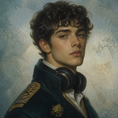 head-and-shoulders portrait of an original character: a young man with curly dark hair and headphones around his neck, plain backdrop, no text
