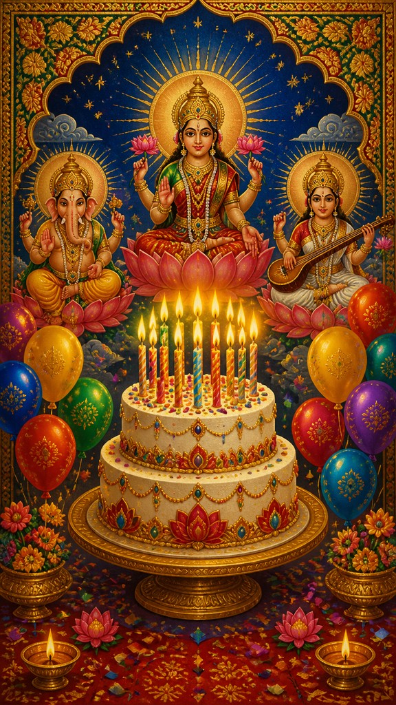 a birthday cake with lit candles surrounded by balloons and confetti, festive vertical composition, no text