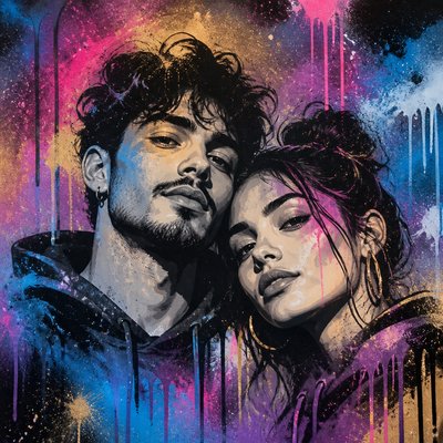 portrait of two people together — Spray Paint Art Style