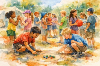 An outdoor scene at a camp.  Lots of kids from all different nations, all races and both sexes, between 7 and 13 are standing around, like on a playground, in smaller mixed groups.  Some are telling stories, others are playing hand games.  Two boys are shooting marbles on the ground.  Someone has a ball.