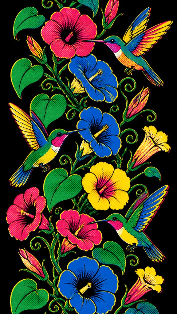 a climbing vine of flowers and hummingbirds on a dark background, tall wrapping composition, no text
