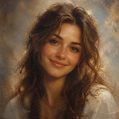 head-and-shoulders portrait of an original character: a young woman with wavy chestnut hair and a warm smile, plain soft backdrop